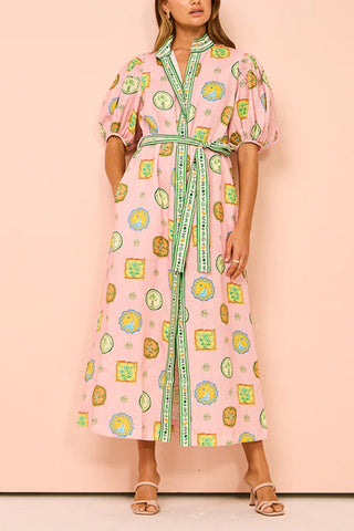 Meridress Lantern Sleeves Button Down Tie Waist Printed Midi Shirt Dress