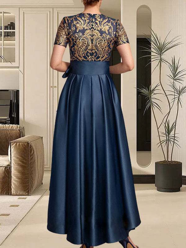 A-Linien-Kleid mit asymmetrischem Ausschnitt, Pailletten und Spitze aus Satin und Spitze für die Mutter der Braut, mit Schleife