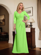 Etuikleid/Säulenkleid mit V-Ausschnitt, Illusion-Detail, bodenlang, aus Chiffonspitze und plissierten Pailletten für die Mutter der Braut 