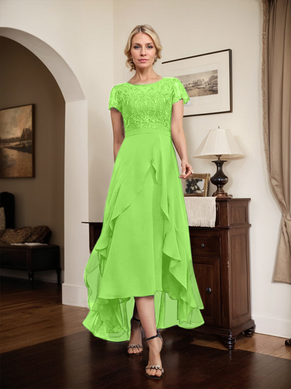 A-Linien-Kleid mit asymmetrischem Chiffon-Spitzenausschnitt, Schleife, Rüschen und Pailletten für die Mutter der Braut 