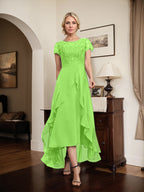A-Linien-Kleid mit asymmetrischem Chiffon-Spitzenausschnitt, Schleife, Rüschen und Pailletten für die Mutter der Braut 