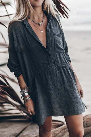 Meridress Collar Button Down Drawstring Waist Long Sleeve Dress