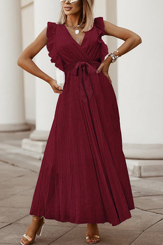 Meridress Wrap V Neck Ruffle Sleeve Tie Waist Pleated Maxi Dress
