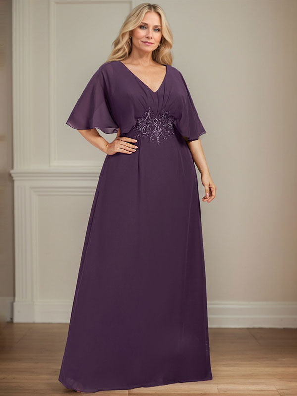 A-Linien-Kleid aus Chiffon mit V-Ausschnitt, bodenlang, für die Mutter der Braut, mit plissierten Paillettenapplikationen und Spitze