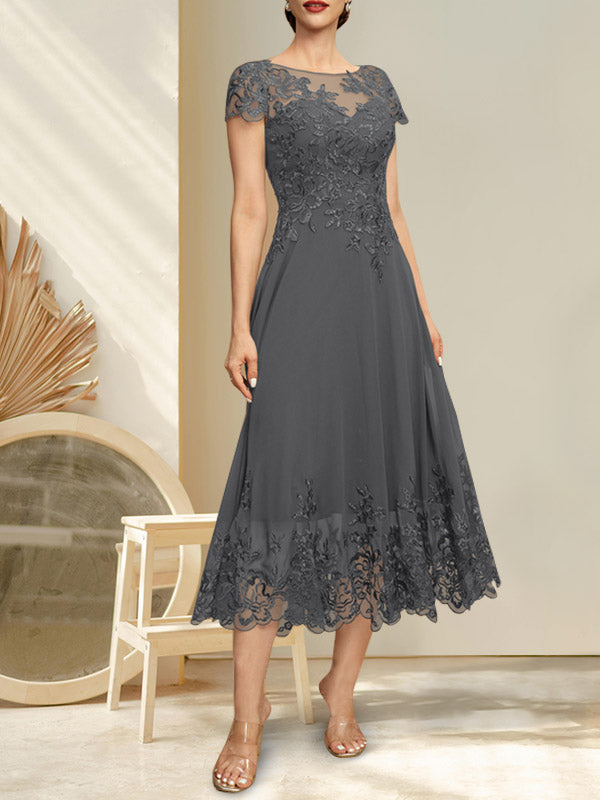A-Linien-Kleid mit Illusion-Ausschnitt, Rundhalsausschnitt, Teelänge, Spitze und Chiffon, mit Pailletten, für die Mutter der Braut