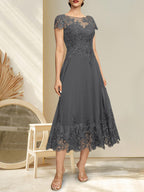 A-Linien-Kleid mit Illusion-Ausschnitt, Rundhalsausschnitt, Teelänge, Spitze und Chiffon, mit Pailletten, für die Mutter der Braut