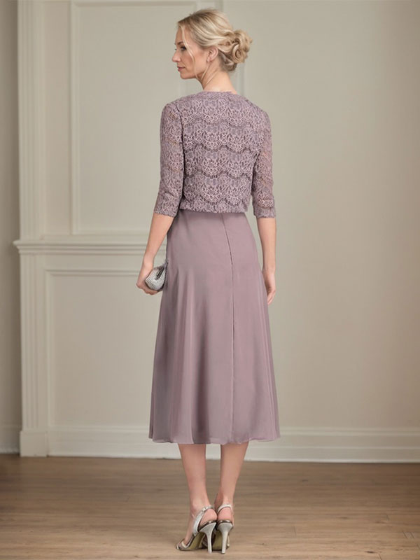 Vestido de gasa para madre de la novia, corte A, escote redondo, largo hasta la rodilla, con pliegues