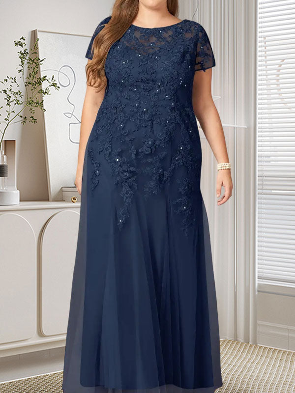 Dunkelblaues Meerjungfrauen-Tüllkleid mit Pailletten und Rundhalsausschnitt
