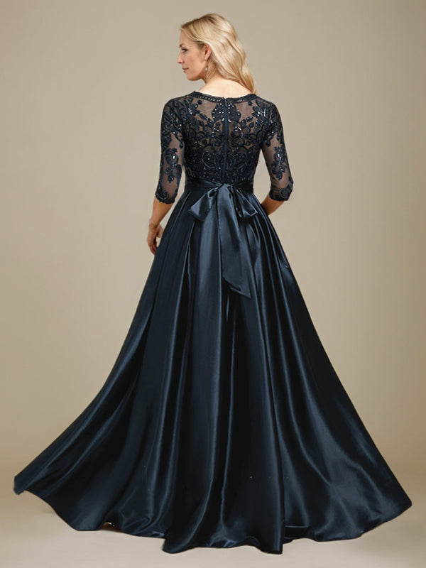 A-Linien-Kleid mit Illusion-Ausschnitt, bodenlang, aus Stretch-Satin und Spitze, verziert mit Schleife und Pailletten, für die Mutter der Braut 