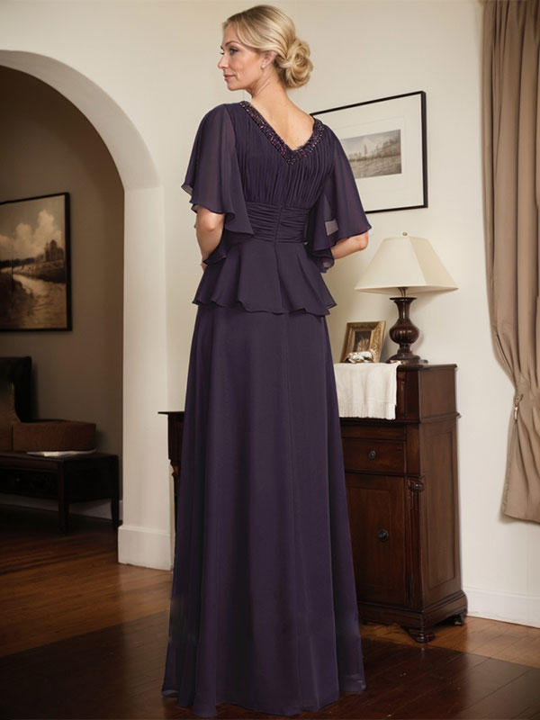 Vestido de gasa para madre de la novia, corte A, escote en V, largo hasta el suelo, con cuentas plisadas