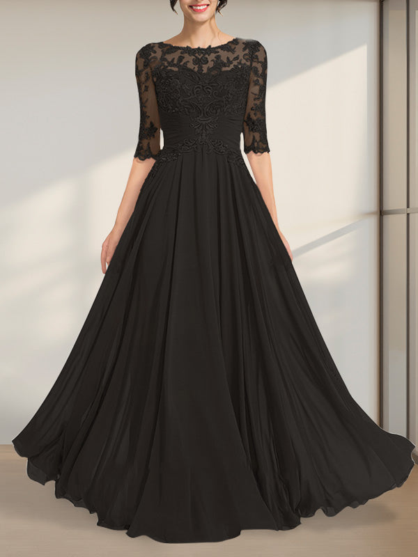 A-Linien-Kleid mit Illusion-Ausschnitt, bodenlang, aus Chiffon und Spitze, mit plissierten Pailletten und V-Ausschnitt für die Mutter der Braut