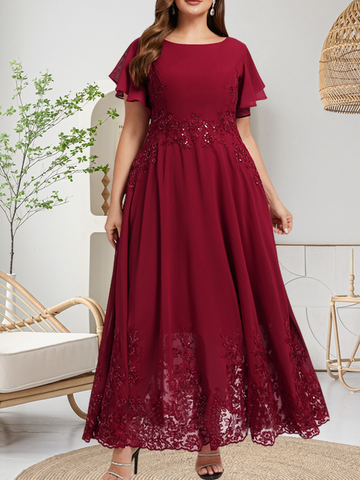A-Linien-Kleid mit Rundhalsausschnitt, knöchellang, aus Spitze und Chiffon, mit Pailletten besetzt