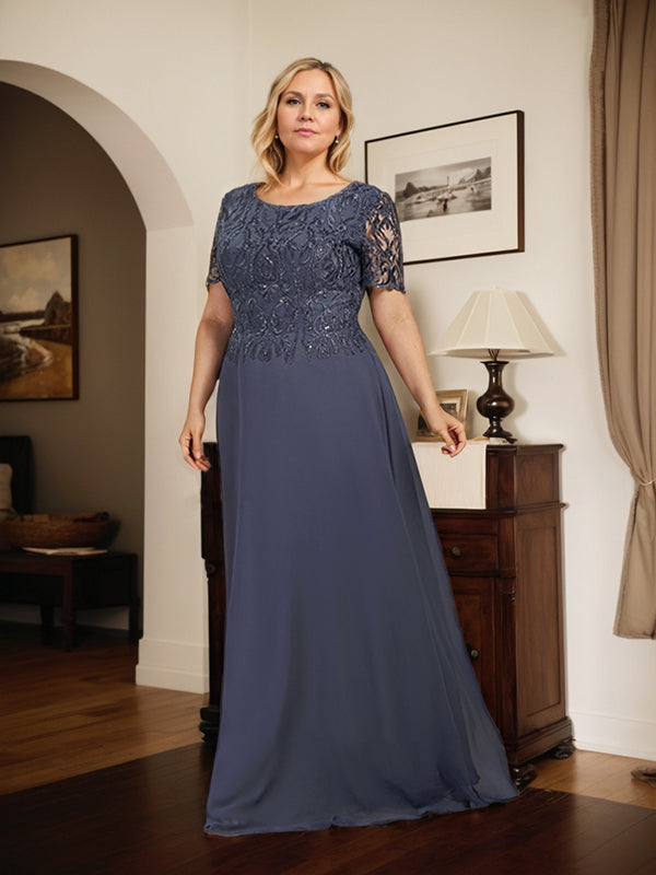 A-Linien-Kleid aus Chiffon mit Pailletten und Rundhalsausschnitt, bodenlang, für die Mutter der Braut