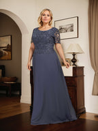A-Linien-Kleid aus Chiffon mit Pailletten und Rundhalsausschnitt, bodenlang, für die Mutter der Braut