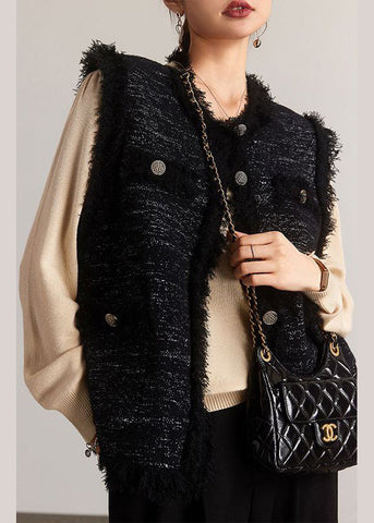 Französische schwarze Weste aus Baumwolle mit Quasten und Knöpfen, Patchwork, ärmellos 