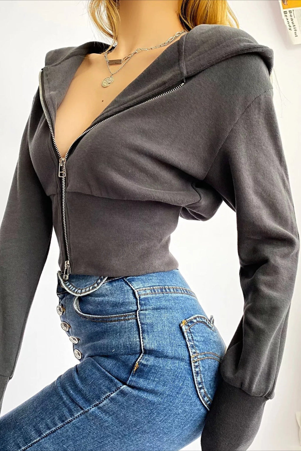Solid Dual Zipper Slim Cropped Hoodie