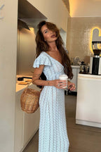 Knit V-Neck Backless Ruffle Maxi Dress