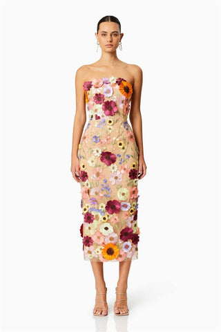 Vestido midi sin tirantes con bordado floral Belle 