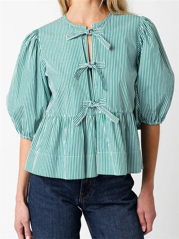 Front Split Bowknot Tie-Up Puff Sleeve Blouse