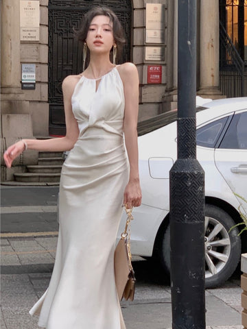 Nuevo vestido midi de verano para mujer, elegante, sin mangas, liso, con cuello halter, ajustado, de sirena, para fiesta de noche, vestido de graduación, vestido de una pieza 
