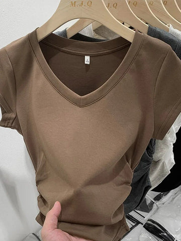 Nueva camiseta sexy de verano para mujer, camiseta elástica, ropa de estilo coreano para mujer, camiseta ajustada, camisetas de manga corta ajustadas para mujer 