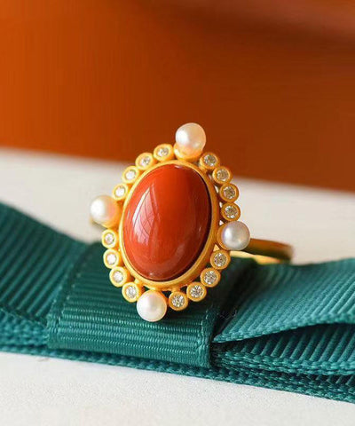 Anillos vintage de ágata dorada en plata de ley roja 