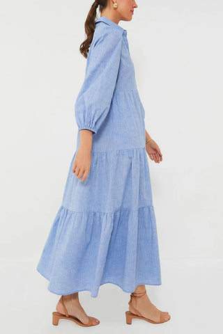 Vestido largo holgado con puños elásticos y solapa de color liso