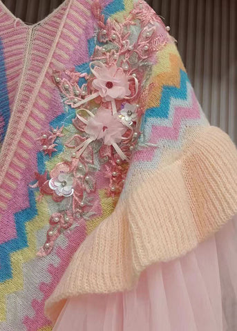 Bio-Rosa V-Ausschnitt gestreifter Tüll Patchwork Nagelperlen Strickcardigans Herbst 