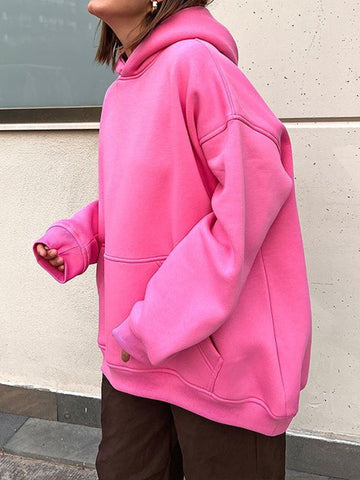 Sudadera con capucha de terciopelo de color liso con bolsillos sueltos y mangas largas 