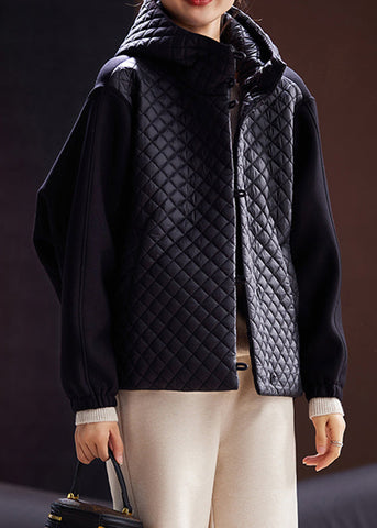 Damen Schwarzer Kapuzenknopf Baumwollgefüllter Mantel Langarm 