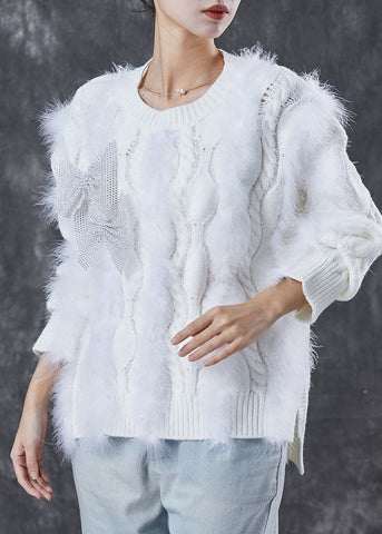 Suéter corto de punto de pelo de visón con patchwork blanco acogedor para invierno 