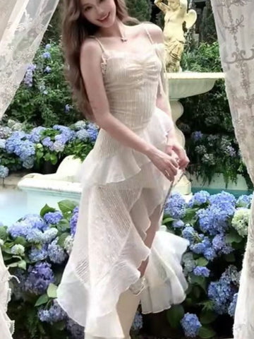 Vestido midi irregular con tirantes finos y volantes Y2K para mujer, novedad de verano, ajustado, estilo Fairycore, para fiesta de cumpleaños y graduación 