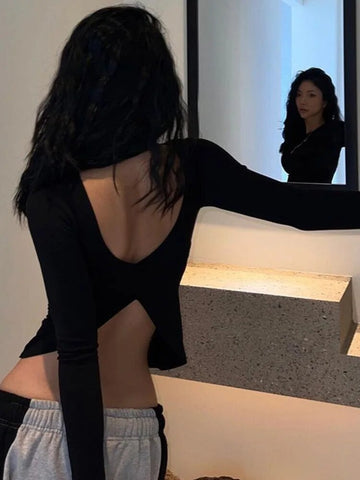 Sexy Long Sleeve Backless T Shirt Gothic Round-neck Skinny Women Crop Tops 2024 Autumn Fashion Black Tees Party Clubwear