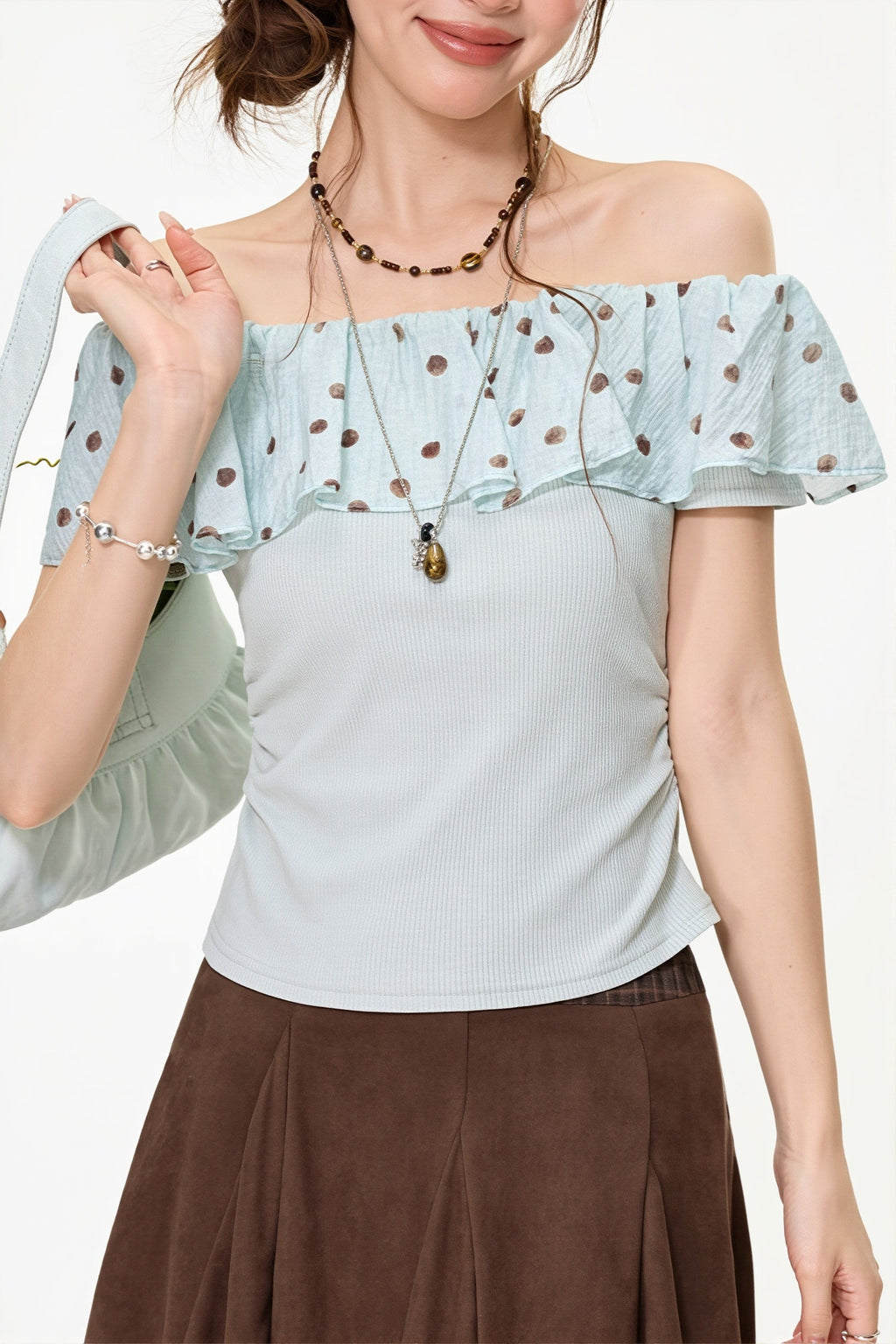 Mint Polka Dot Ruffle Off Shoulder Blouse