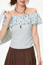 Mint Polka Dot Ruffle Off Shoulder Blouse