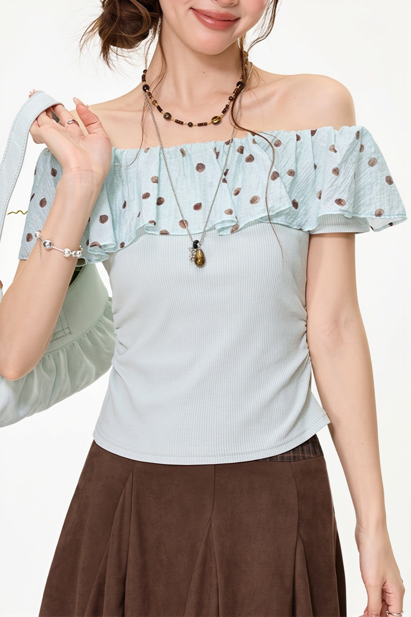 Mint Polka Dot Ruffle Off Shoulder Blouse