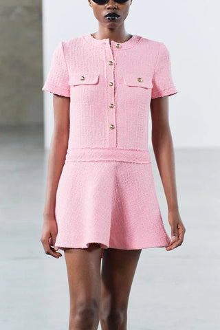 1960er London Girl Tweed Strukturiertes Minikleid mit goldenen Knöpfen und kurzen Ärmeln und Taschen