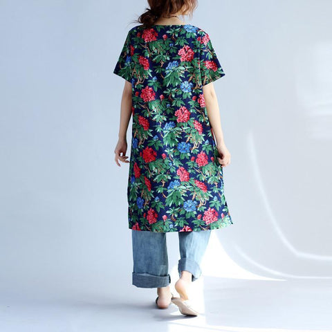 Vintage Loose Women Printing Button Pocket Dress