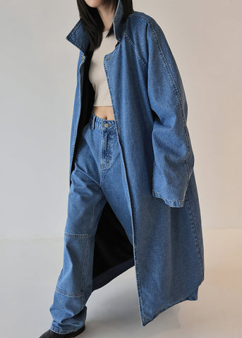 French Blue Oversized Beidseitig tragbarer Denim-Trenchcoat für den Herbst 