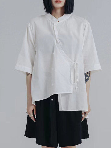Loose Raglan Sleeve Asymmetric Buttoned Solid Color Tied Stand Collar Blouses&Shirts Tops