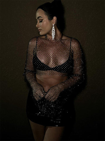 TARUXY Rinestone Crystal Sparkly Tops Cover-Up For Women Sexy Hollow Out Diamonds Long-Sleeve Pullover Crop Tops Club Outfits