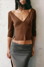 V-Neck Side Slit Half Sleeve T-shirt