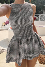 Plaid Smocked Sleeveless Flared Mini Dress