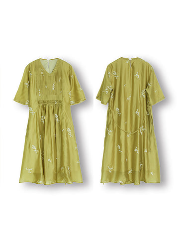 Women Summer Artsy Floral Embroidery Draped Drawstring Dress