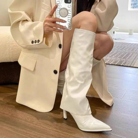 Botas cortavientos para mujer, zapatos de tacón alto, primavera otoño 2024, nuevas botas de caballero de piel suave con tacón fino y puntiagudo hasta la rodilla. 