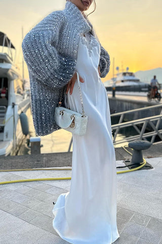 Warme, glänzende Herz-Strickjacke mit Pailletten, Ballonärmeln, Reißverschluss am Hals und lockerem Schnitt 