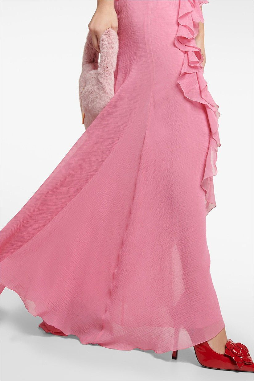 Deep V Halter Pink Ruffle Maxi Dress