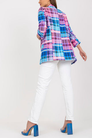Lässiger Blazer für Damen, Farbe kariert, langärmelig, vorne offen, für die Arbeit im Büro, Anzugjacke mit Tasche 