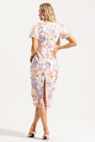 Vestido midi con cuello en V y mangas abullonadas bordadas 