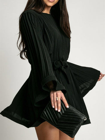 Skater Dresses Jewel Neck Long Sleeves Lace Up Chic Flared Dress Mini Dresses